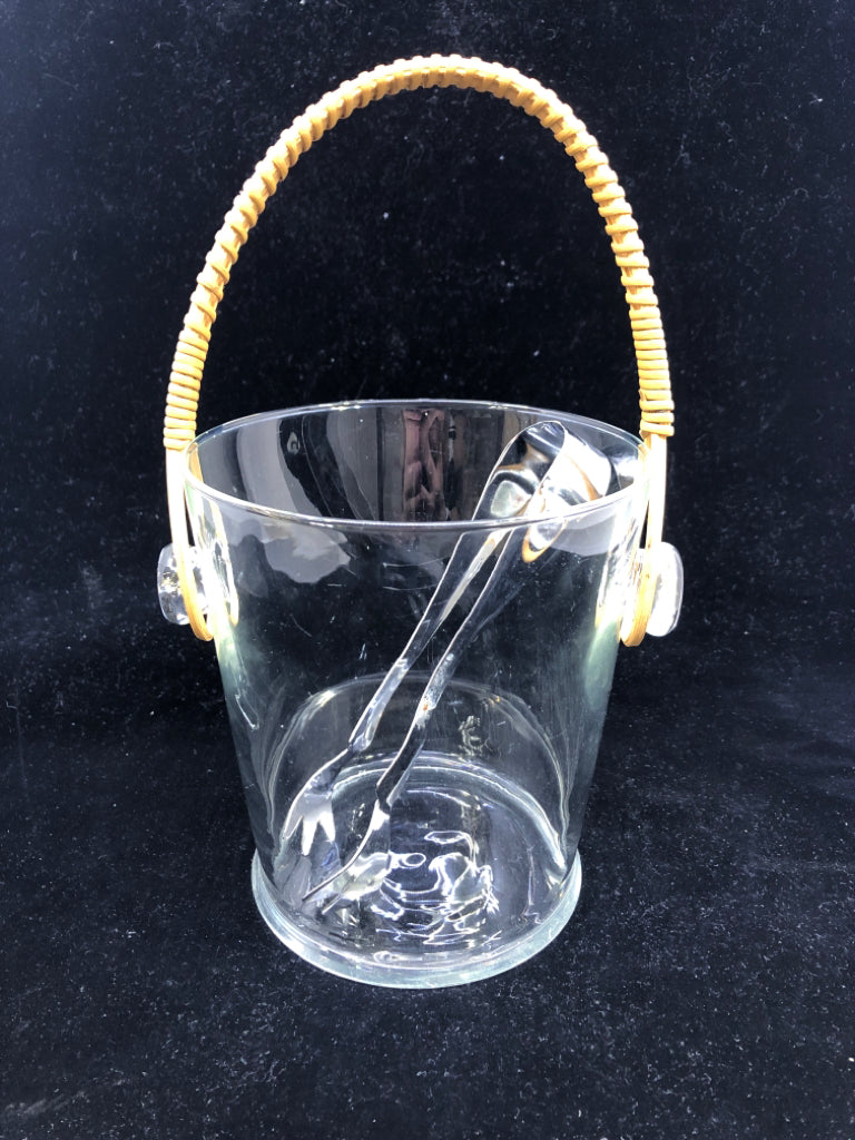 GLASS ICE BUCKET W TWINE HANDLE AND METAL TONGS.