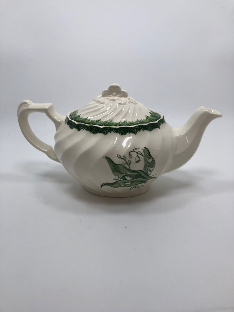VTG LILY OF THE VALLEY TEAPOT W/GREEN EDGE.