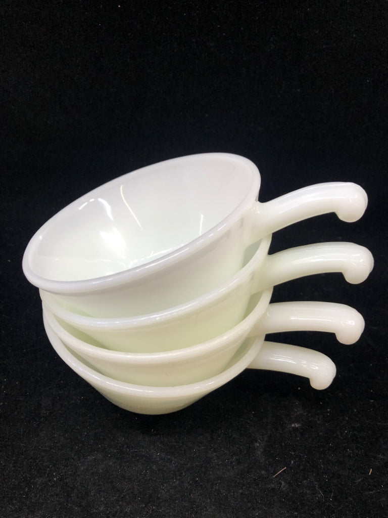 4 VTG MILK GLASS SOUP BOWLS W/ SIDE HANDLES.