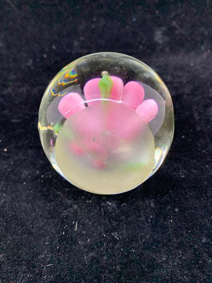 PINK FLOWER GLASS BALL PAPERWEIGHT.