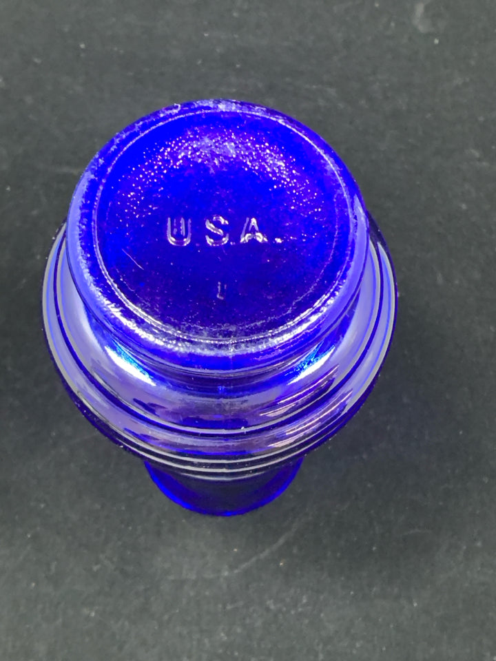 BLUE RIBBED GLASS VASE MADE IN THE USA.