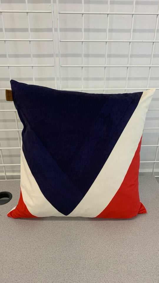 GEOMETRIC RED WHITE AND BLUE PILLOW.