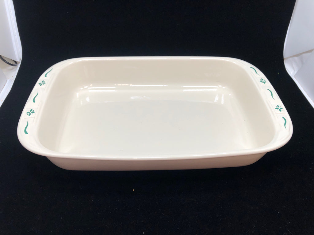 STONEWARE BAKING DISH W/GREEN DETAILS.