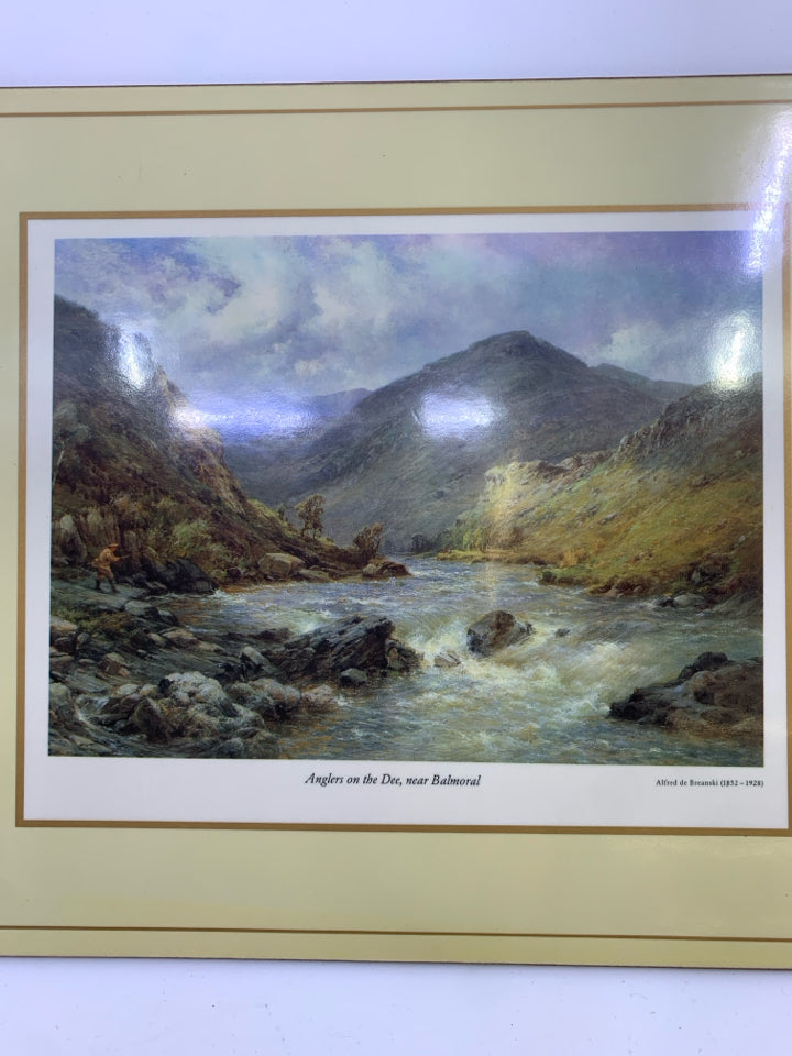 RECTANGLE TRIVET "ANGLERS ON THE DEC, NEAR BALMORAL" MOUNTAIN CORK BACK.