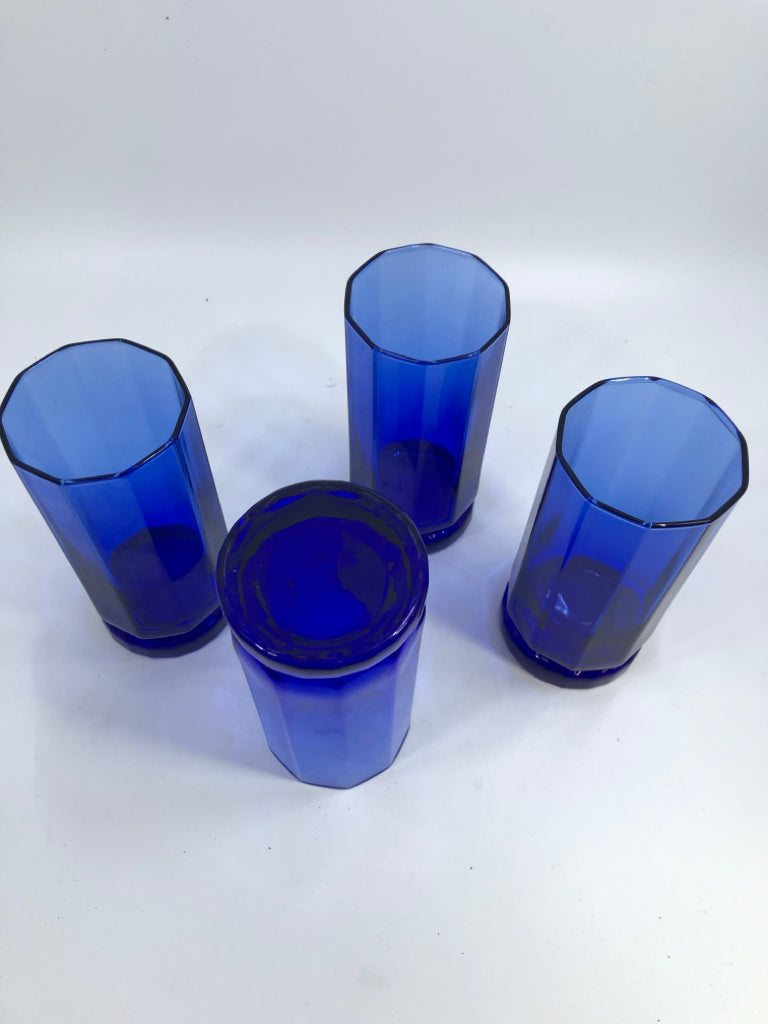 4PC BLUE GLASS DECAGON GLASSES W/DIP AT BOTTOM.