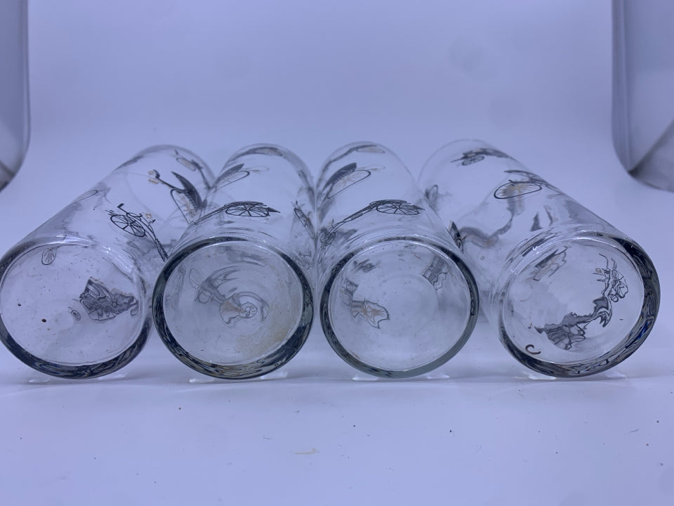 4 VTG HIGHBALL CARRIAGE PRINT GLASSES.