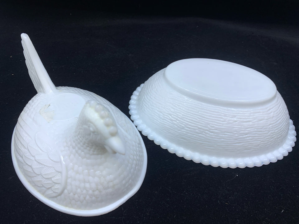 VTG MILK GLASS HEN IN BASKET.