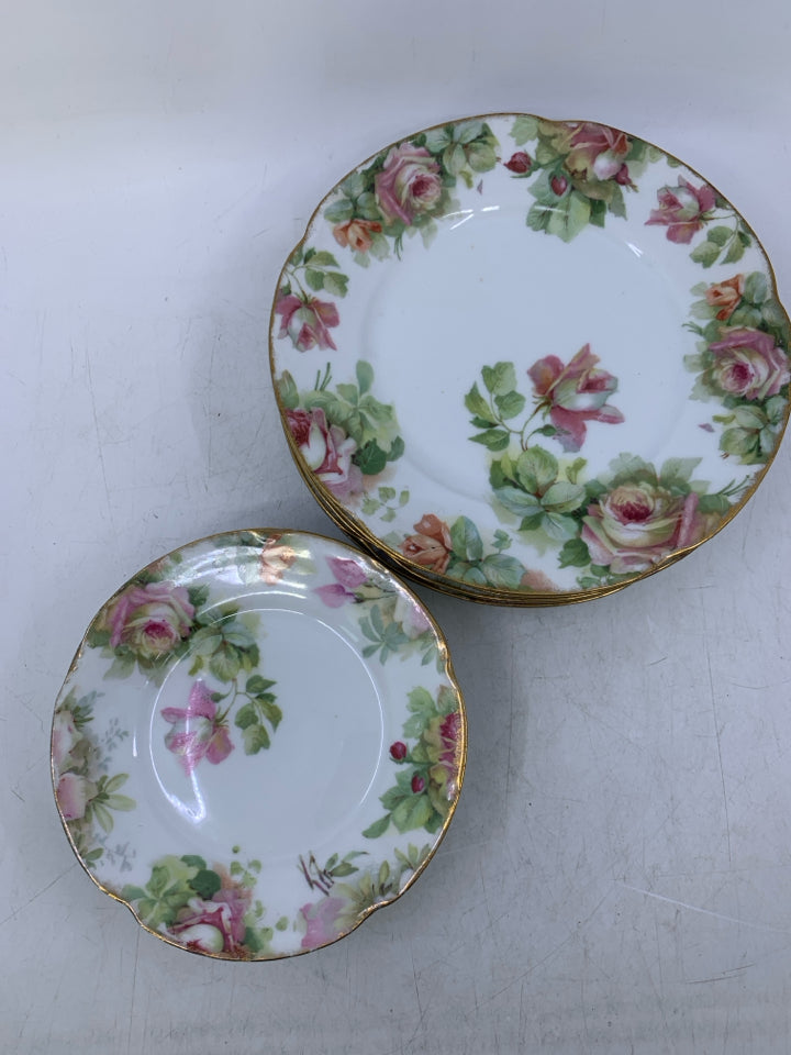 VTG 12 PC SVC 6 PINK ROSE W/ GOLD EDGE LUNCH/APPETIZER PLATES.
