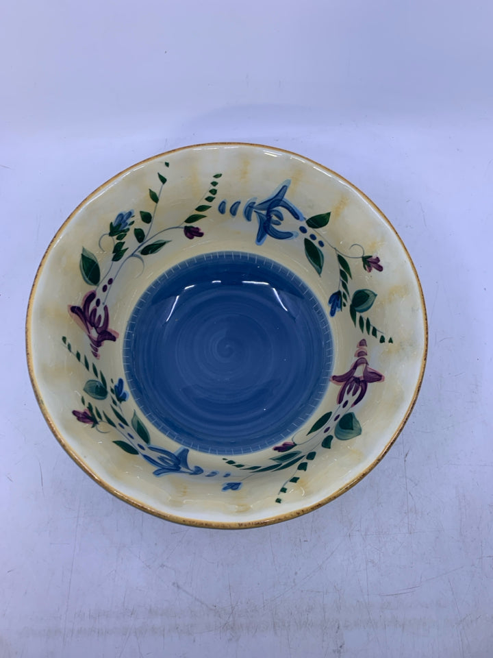 YELLOW BLUE CERAMIC BOWL W/ FLOWERS.