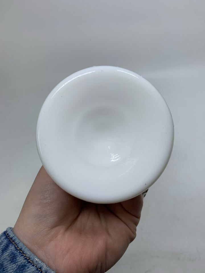 MILK GLASS HOBNAIL FOOTED VASE W/ RUFFLED EDGE.