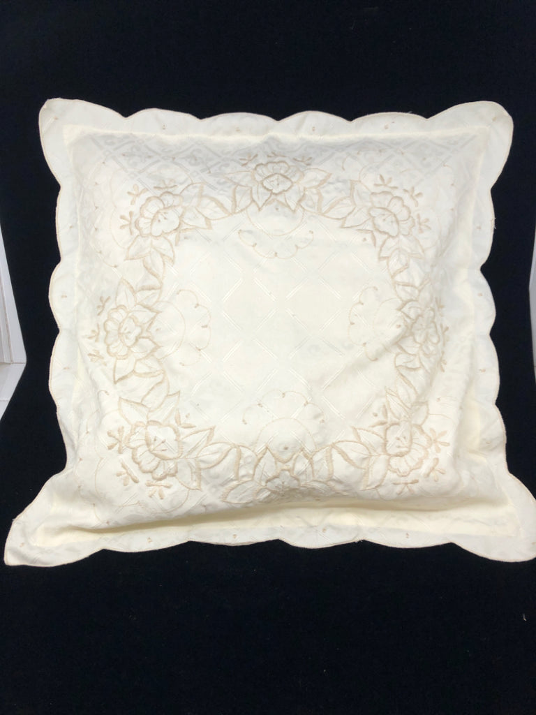 CREAM FLOWER EMBROIDERED PILLOW.