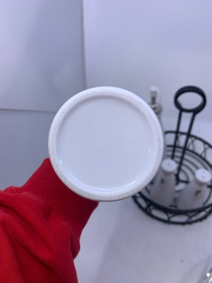 5 PC WHITE CERAMIC OIL/VING & SALT/PEPPER IN BLACK METAL STAND.