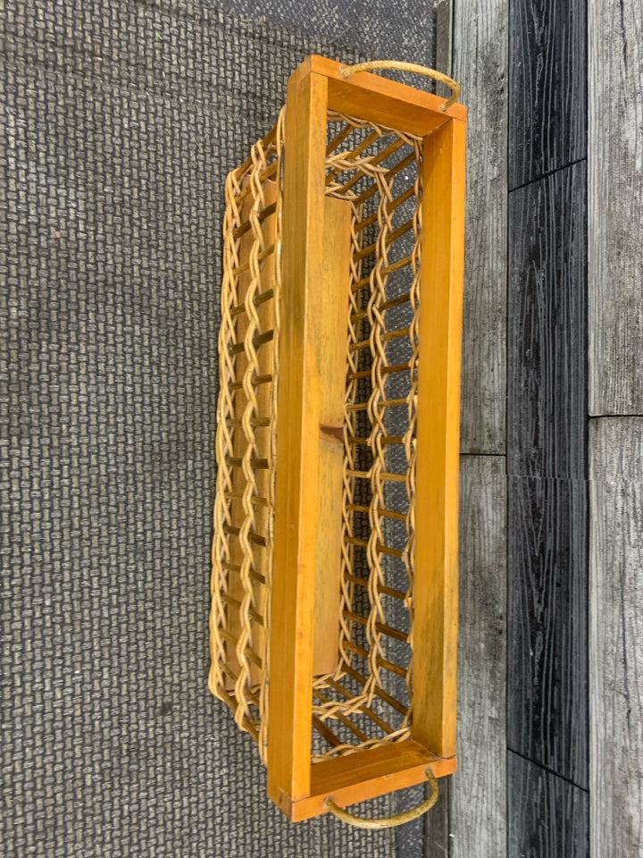 WOOD RECTANGLE BASKET W METAL HANDLES.