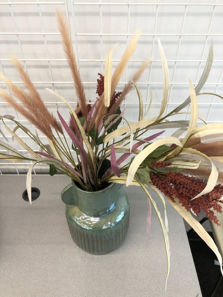 LARGE TEAL IRIDESCENT RIBBED BOTTOM VASE W/ FAUX FILLER.