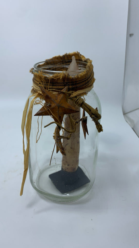 MASON JAR W/ LED CANDLESTICK AND METAL STARS.