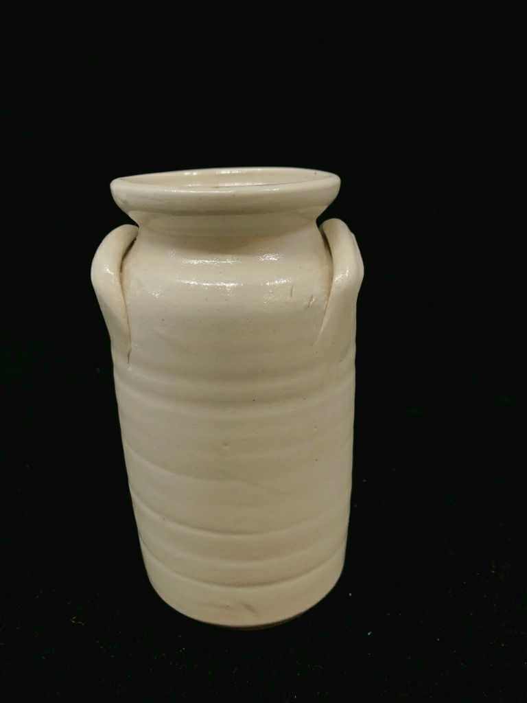 SMALL WHITE POTTERY VASE BLUE FLOWER AND LEAF DESIGN.