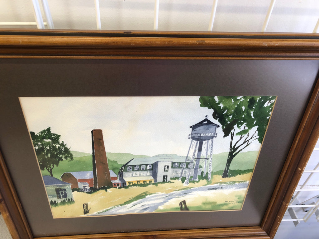 WATERCOLOR FARM SCENE IN BROWN FRAME WALL ART.