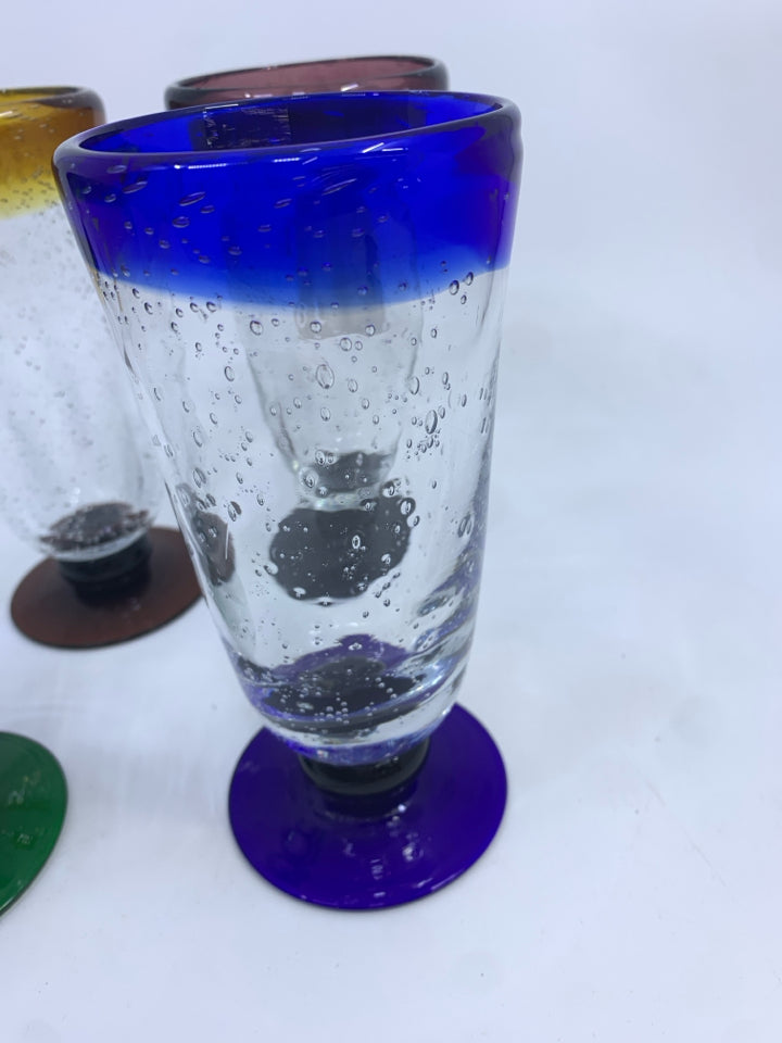 4PC BLOWN GLASS CUPS W/DIFF COLOR RIM & BASE.