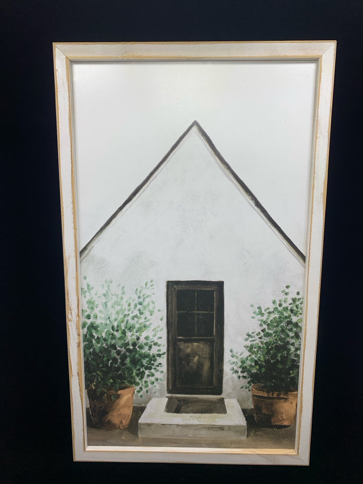 COTTAGE DOOR PRINT ON WHITE WOOD WALL HANGING.