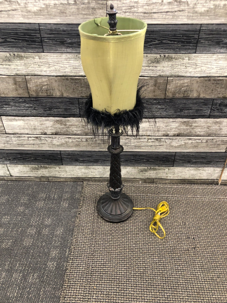 BROWN METAL LAMP W/GREEN SHADE- BLACK FEATHERS.