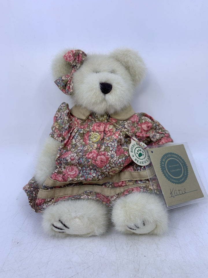 WHITE BEAR W/ PINK FLORAL DRESS.