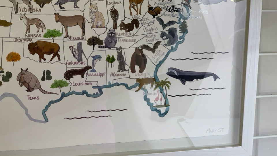 WHITE FRAME USA MAP WITH ANIMALS.