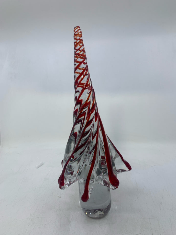 TALL RED SWIRL GLASS TREE.
