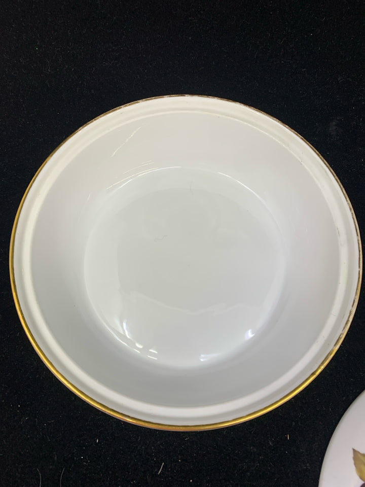 PORCELAIN BAKE WARE FRUIT VEGETABLE DESIGN GOLD TRIM.