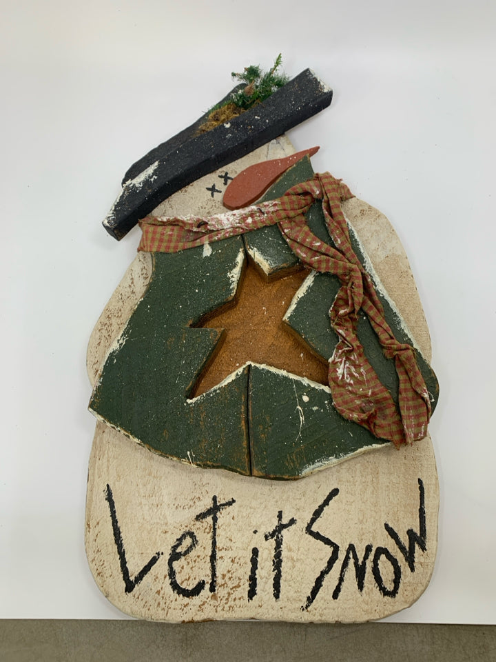 WOOD PRIMITIVE STYLE SNOWMAN STAR IN CENTER "LET IT SNOW".
