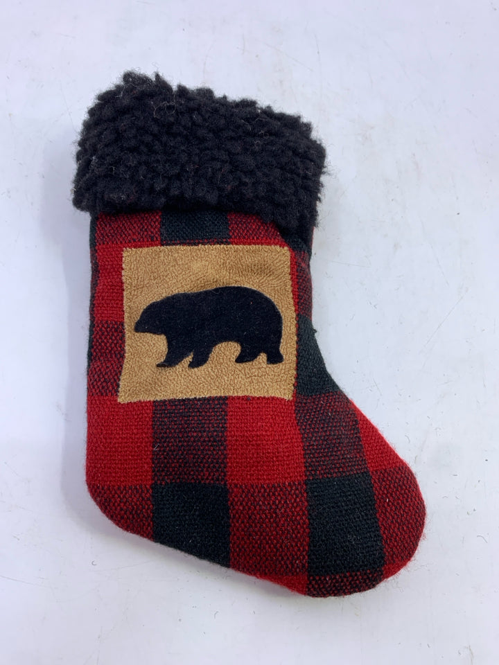 MINI RED BUFFALO PLAID STOCKING W/ POLAR BEAR.