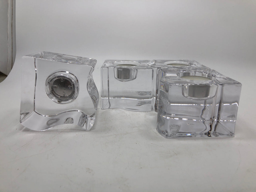 4PC ORREFORS SWEDEN PUZZLE CRYSTAL VOTIVE CANDLE HOLDERS.
