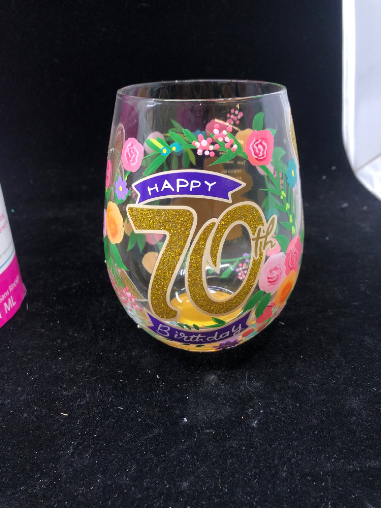 NIB STEMLESS 70TH BIRTHDAY WINE GLASS LOLITA.