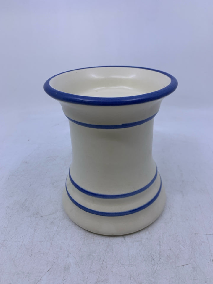 WHITE W/ BLUE LINES + BLUEBERRIES PILLAR CANDLE HOLDER.