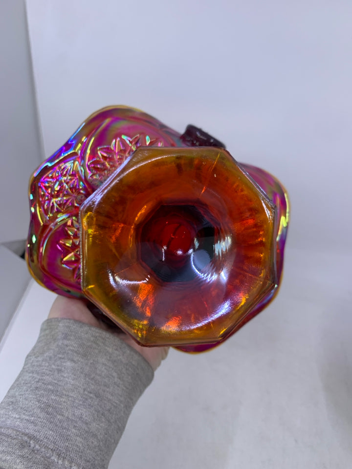 VTG INDIANA AMBERINA RED SUNSET CARNIVAL GLASS HEIRLOOM PATTERN BASKET.