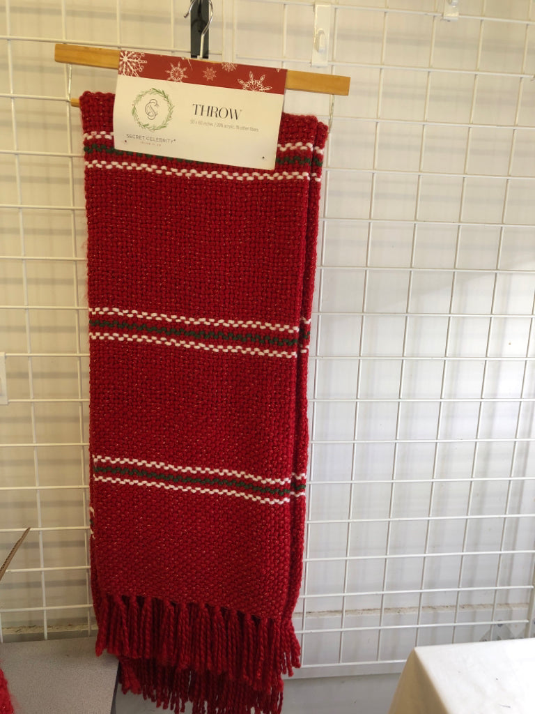 NEW RED CROCHET THROW GREEN, WHITE STRIPE.