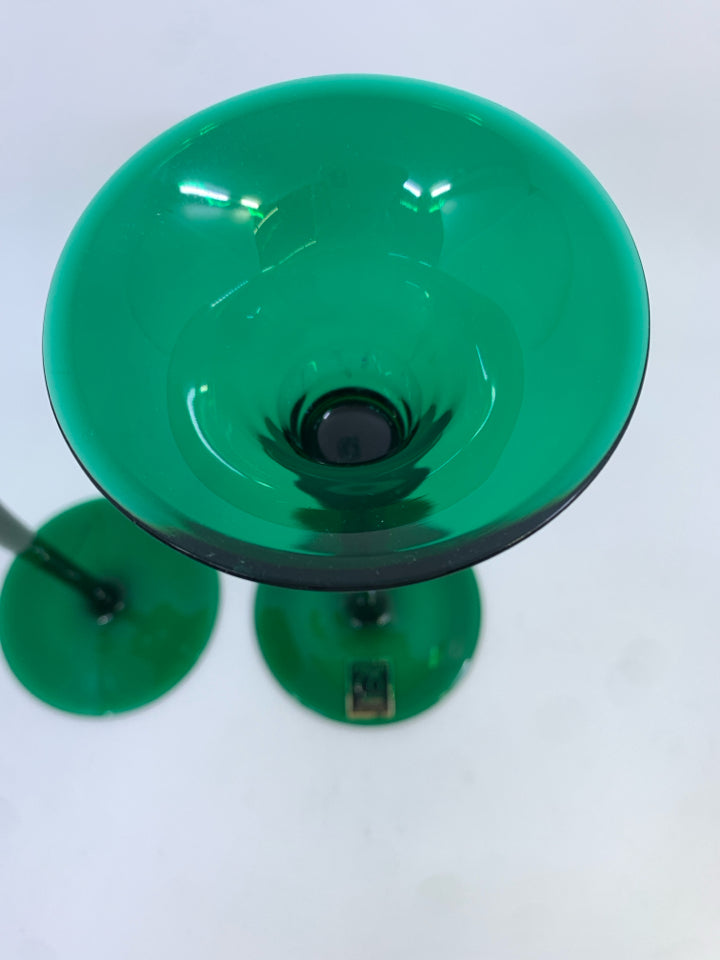 2PC EMERALD GREEN TRUMPET SHAPED LEAD CRYSTAL CANDLE HOLDERS ONEIDA.