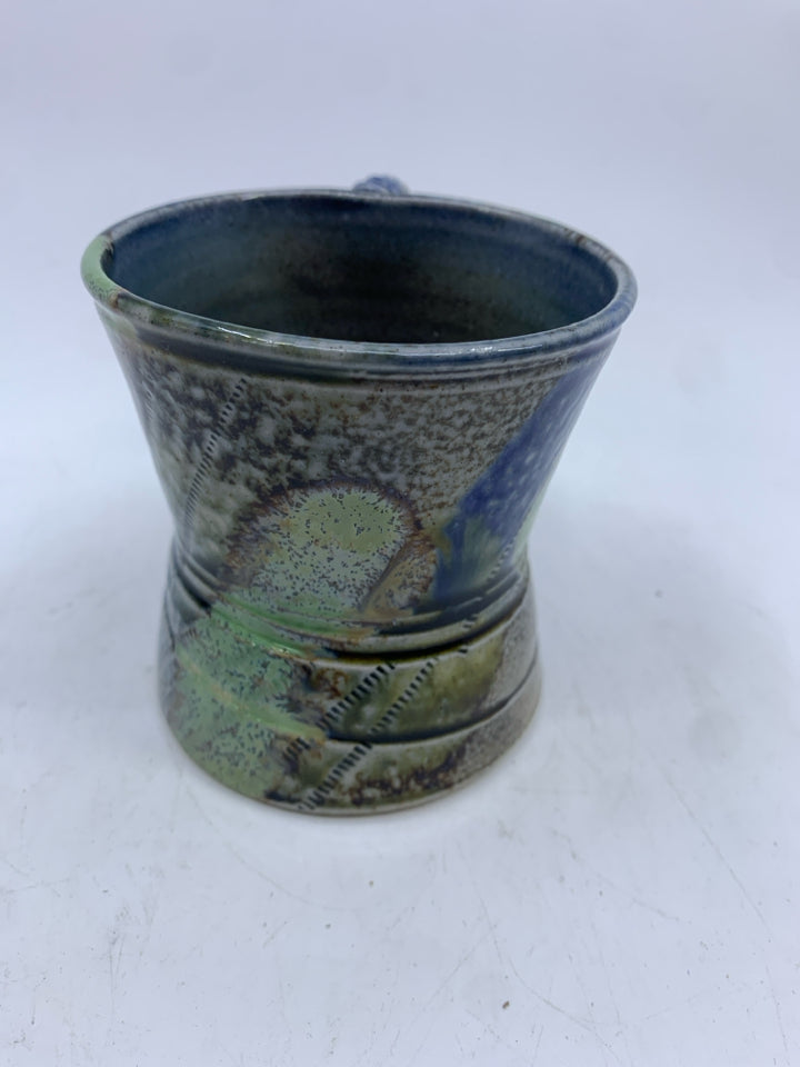 2 BLUE GREEN POTTERY MUG W BRAIDED HANDLE.