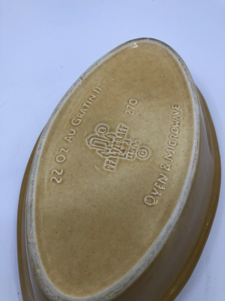 2 TAN AND BLUE AU GRATIN BOWLS.