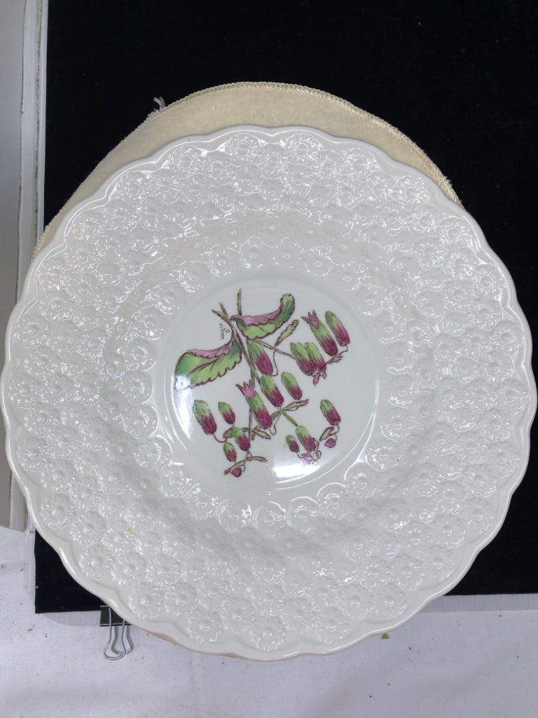 VTG 13 WHITE EMBOSSED FLORAL PLATES.
