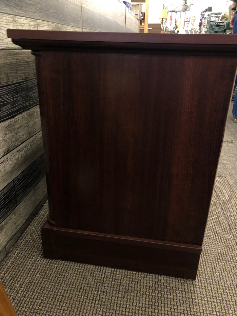 CHERRY FAUX WOOD SIDE TABLE W/ CABINET + CUBBY.