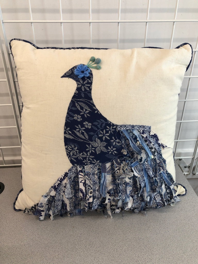 BLUE QUILT PEACOCK PILLOW.