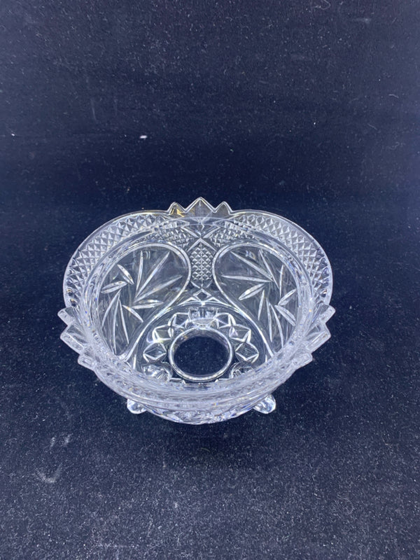 HARD CUT GLASS 3 FOOTED CANDY BOWL.
