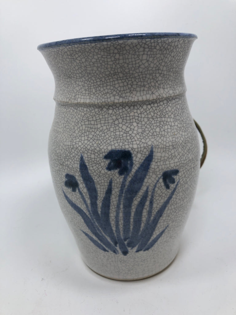 BLUE FLORAL CRAZED HANGING POTTERY VASE.
