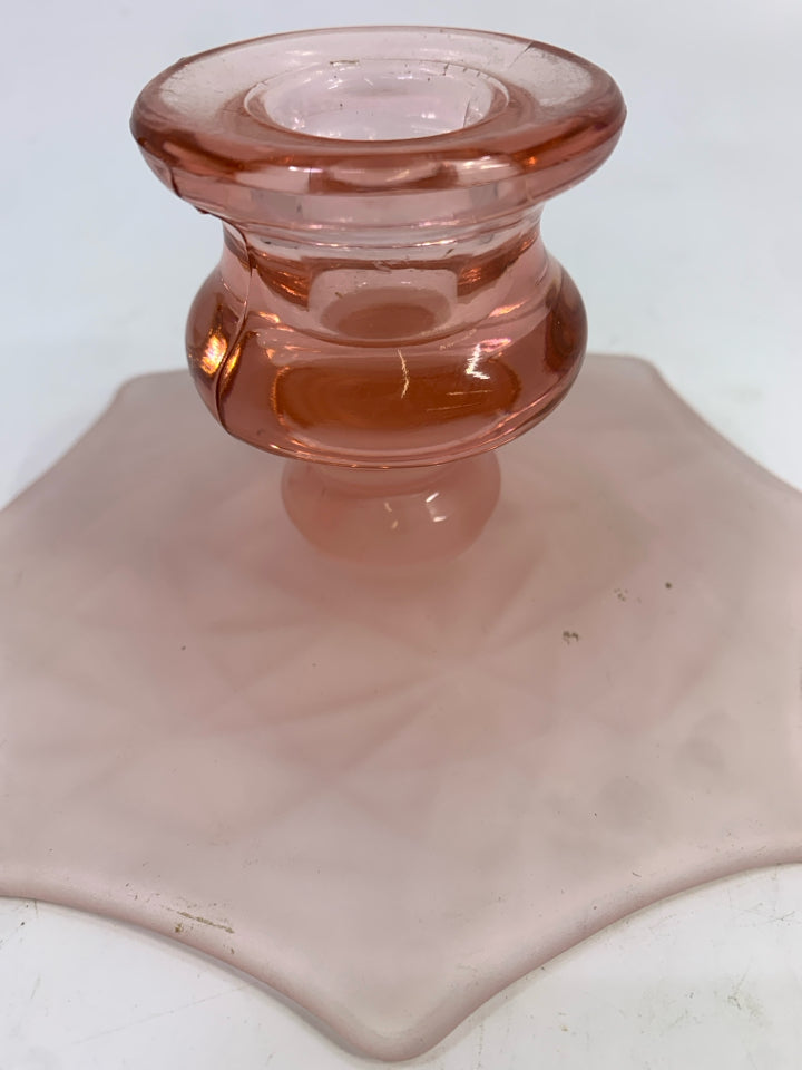 VTG PINK DEPRESSION GLASS CANDLESTICK HOLDER W/FROSTED BASE.