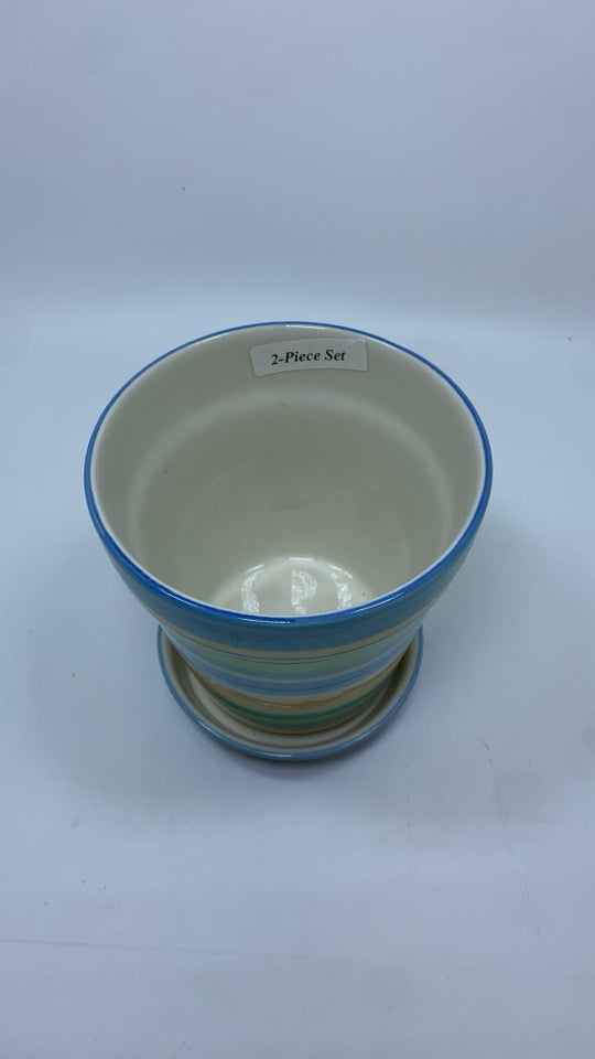 BLUE/GREEN/YELLOW CERAMIC PLANTER W/DISH.