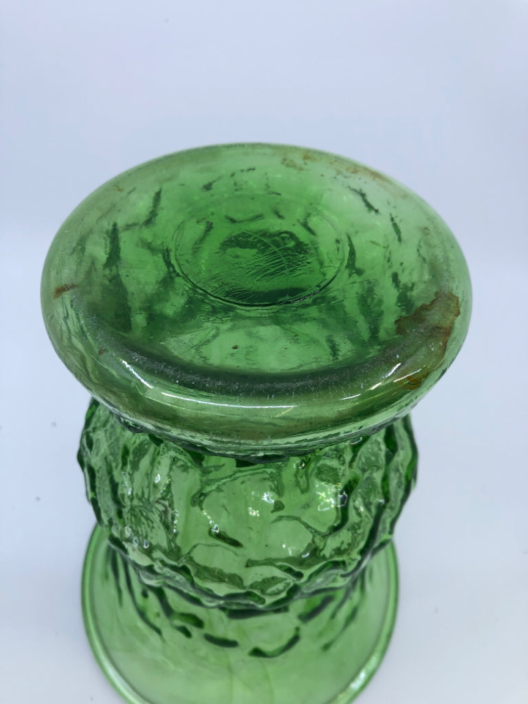 VTG LARGE TEXTURED GREEN GLASS VASE.