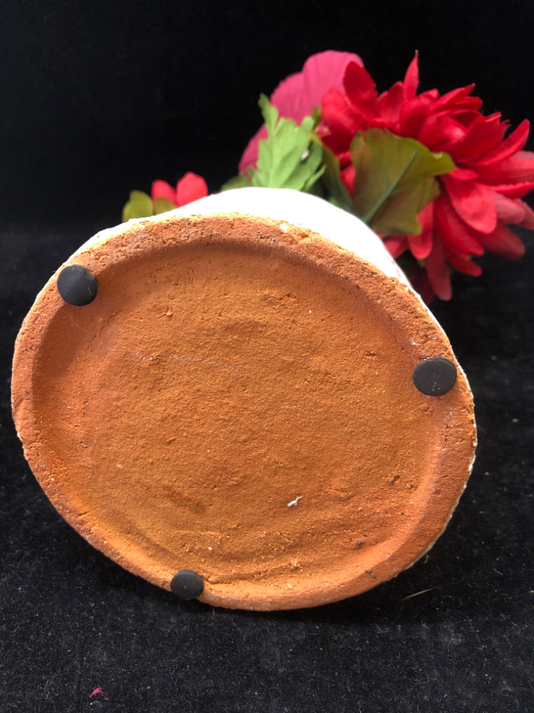 HEAVY WHITE RIBBED POTTERY PLANTER W/ SMALL RED FLOWERS.