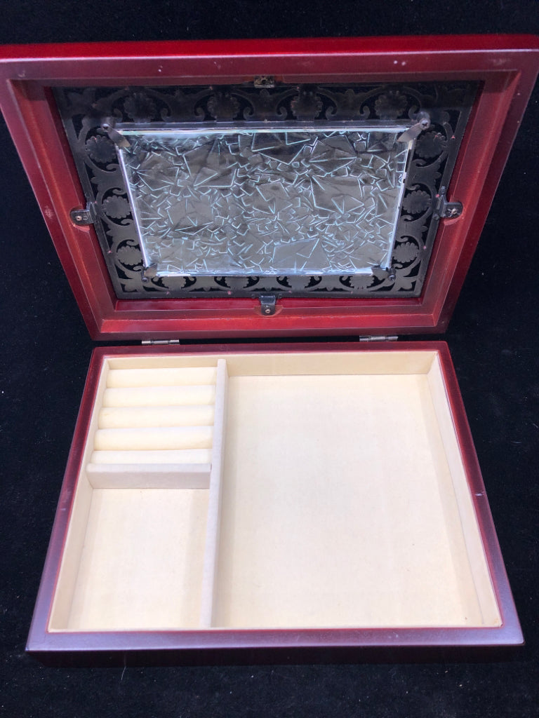 CHERRY COLORED WOOD W/ GLASS TOP METAL SCROLL DETAIL CREAM INTERIOR.