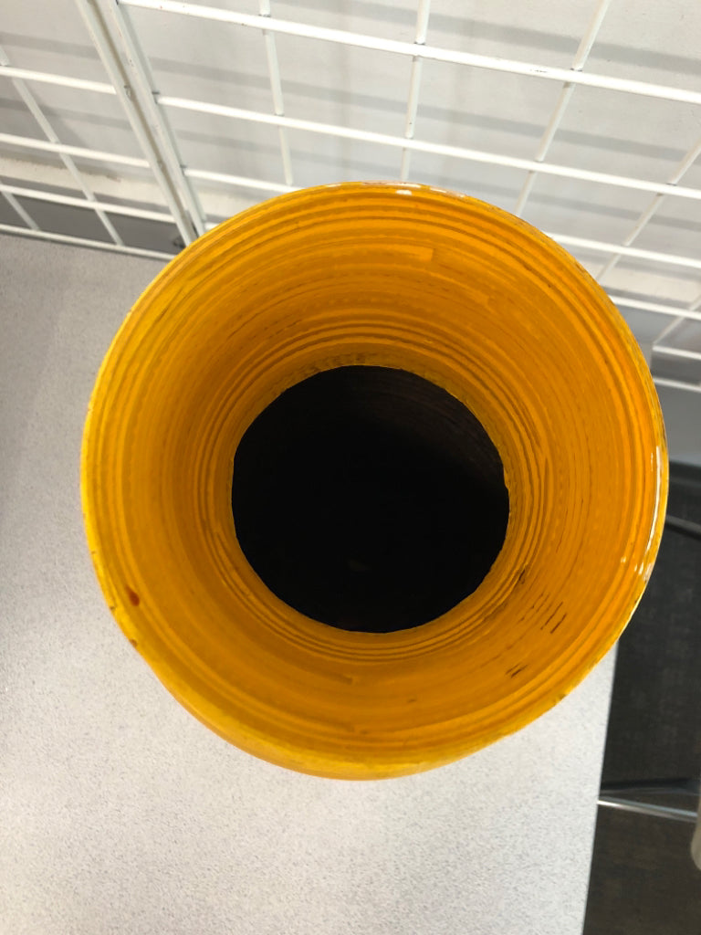 ORANGE PAINTED LIGHT WOODEN VASE.