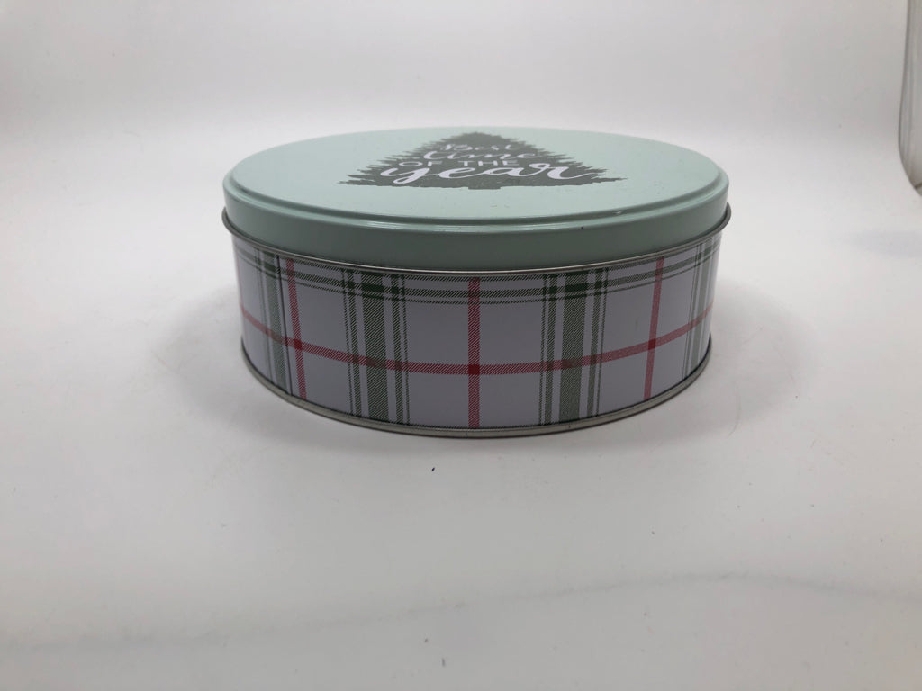 ROUND BLUE TIN CHRISTMAS TREE "BEST TIME OF YEAR".